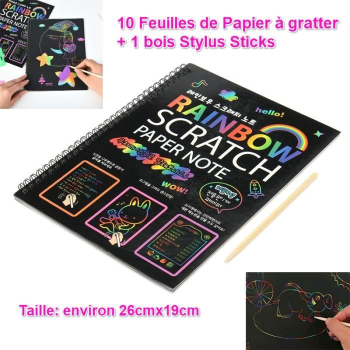 50 Feuilles à Gratter Papier Scratch Art Enfant avec 4 Règles de Gabarit Écriture 5 Stylets en Bois et 1 Taille-Crayon pour Dessins Lanjue Dessins à Gratter 
