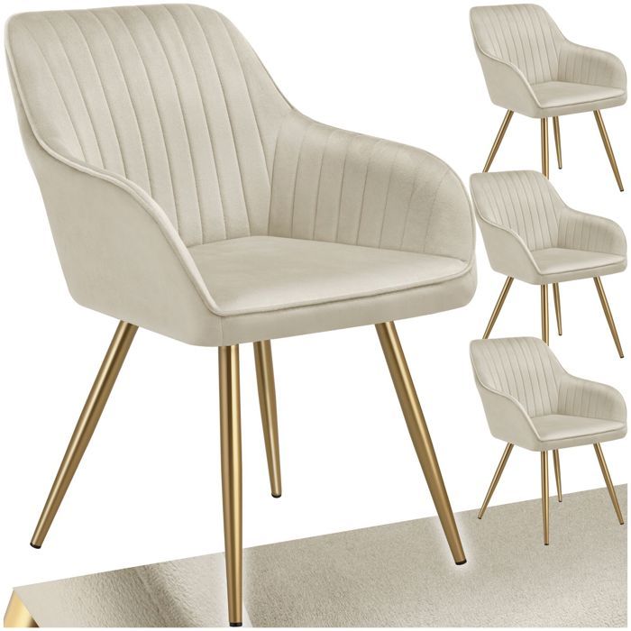 Chaise - TECTAKE - Lot de 4 chaises MARYLIN effet velours capitonné rembourrée et pieds acier doré 58 x 62 x 82 cm - Crème/Or