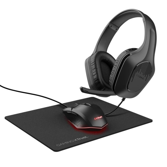 Kit de gaming 3-en-1 – Trust Gaming – GXT 790 Tridox – Casque léger – Souris éclairée – Tapis de souris
