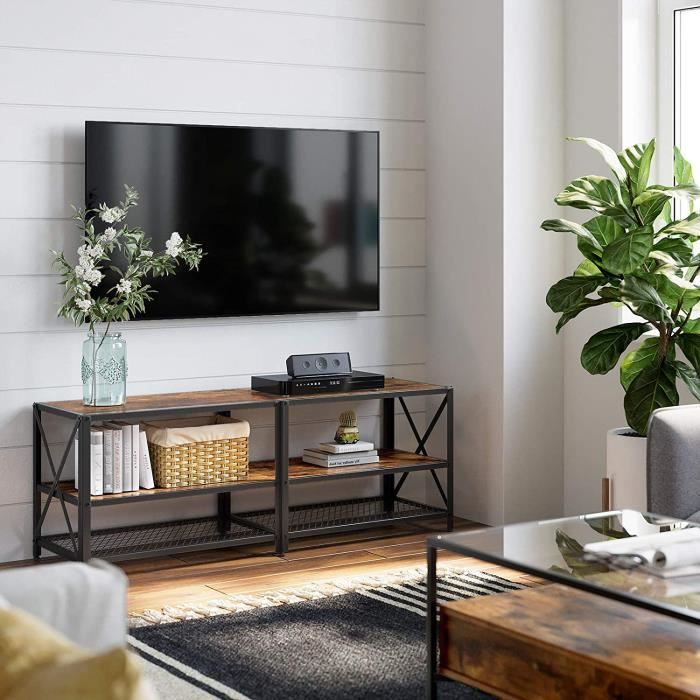 meuble tv vasagle - pour télévision jusqu'à 60 pouces - marron rustique et noir - étagères de rangement
