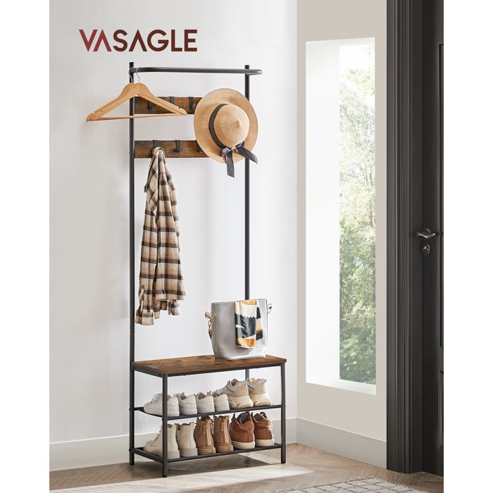 VASAGLE Meuble d’EntrÉe avec Banc et ÉtagÈre À Chaussures 9 Crochets Amovibles Tringle 322 x 64 x 180 cm Marron et Noir