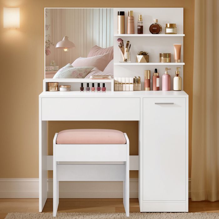Coiffeuse avec Tabouret 2 Étagères Ajustables Derrière la Porte et 1 Tiroir Blanc