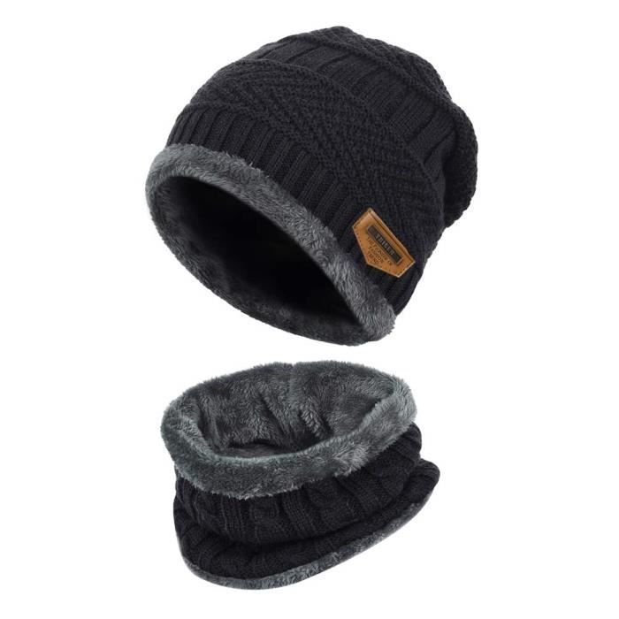 Enfants Bonnet Tricote Echarpe Epais Tour De Cou Avec Double Polaire Pour Garcons Et Filles 2 Pieces Noir Cdiscount Pret A Porter