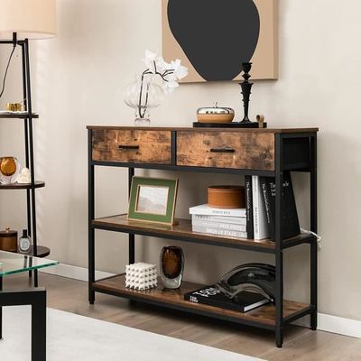 COSTWAY Table de Console Industrielle 3 Niveaux, 2 Tiroirs - 100 x 30 x 80cm Cadre en Métal Marron Rustique - Maison