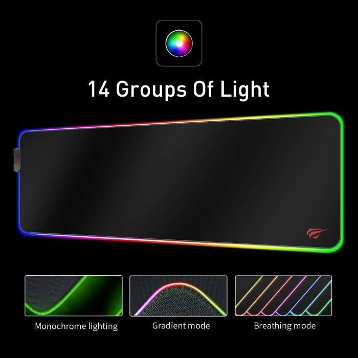 Tapis de Souris Gaming XXL 800x300x4mm, Grand Tapis de Souris LED avec 14  RGB Mode d'éclairage, Étanche Surface et Base en Caoutchouc Antidérapant