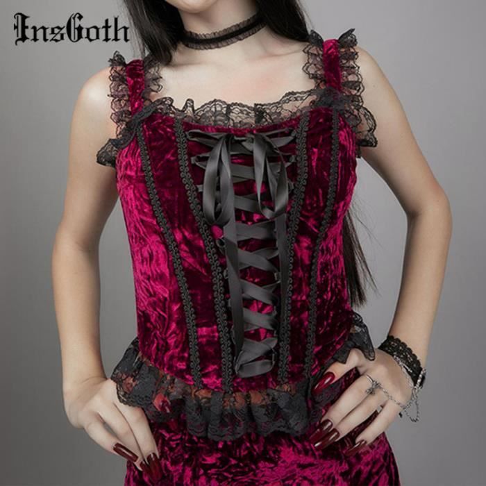 Gilet,InsGoth Goth esthétique dentelle rouge Camis Vintage cordon dos ...