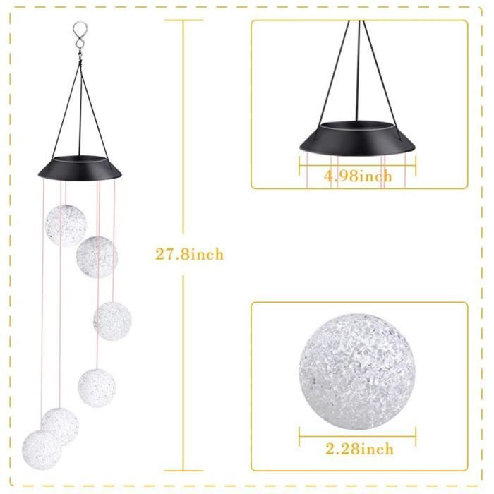 Carillon éolien Solaire à LED Avec Boule De Cristal – 7 Couleurs Changeantes, étanche, Détecteur De Lumière – Déco Extérieure Pour Terrasse Et Jardin