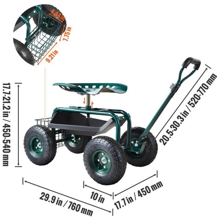 Siège De Jardin Roulant Avec Bac De Rangement - Capacité 181 Kg, Roues 20 Cm, Coussin EVA - Pour Désherber, Planter, Travailler Confortablement Au Sol