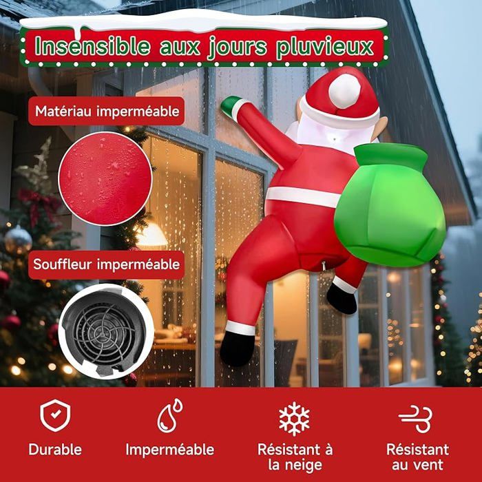 Décor Gonflable Père Noël Escaladeur 1 Mètre - Avec Lumières LED IP44 - Ventouses Incluses - Pour Fenêtre, Vitrine, Extérieur