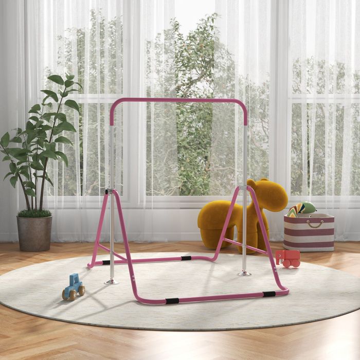 HOMCOM Barre fixe de gymnastique pour enfants pliante hauteur réglable de 88 à 128 cm rose | France