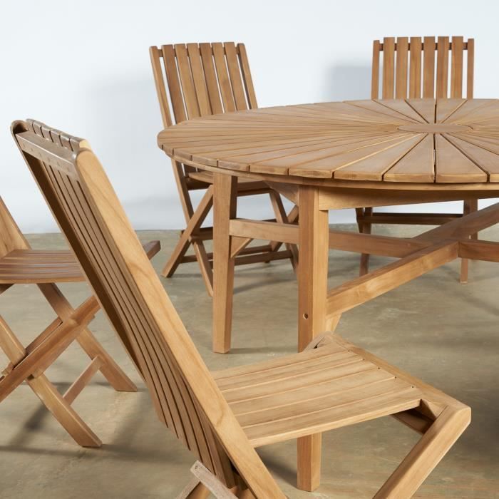 Ensemble table ronde en teck et 6 chaises pliantes - Cdiscount Jardin