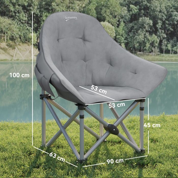 Outsunny Chaise Pliante Camping Portable Avec Rembourrage Et Poches Latérales - Fauteuil Pêche Plage Pique-Nique Gris Foncé
