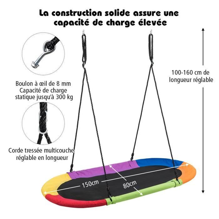Balançoire Nid D'oiseau Leogreen Ø120cm - Support 300kg, Hauteur Réglable 100-180cm, Multicolore