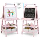 COSTWAY Tableau Enfant - Blanc Magnétique et Noir, Rouleau de Papier (Papier inclus), 3 Etagères et 2 Bac de Rangement Rose