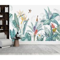 3D Papier Peint Panoramique Jungle Soie Vert Plante Tropicale 400x280cm Murales Panoramique Oiseaux Fleur Salon Chambre Décoration