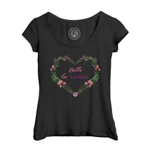 T-SHIRT T-shirt Femme Col Echancré Noir Belle La Mariee Fleur Floral Mariage