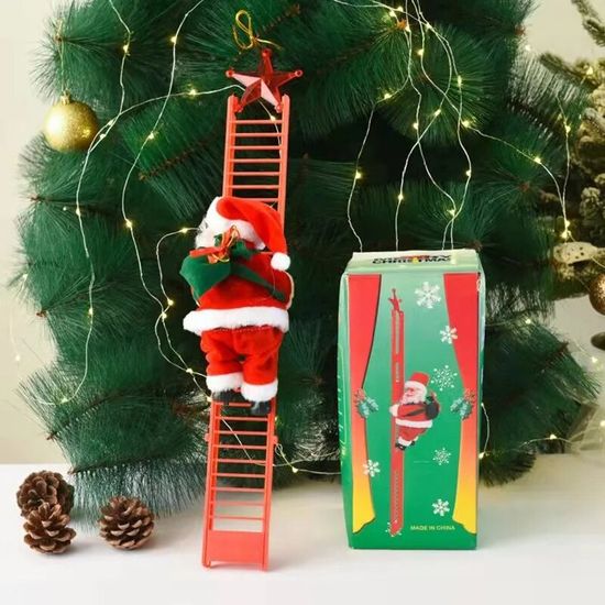 Père Noël Escaladeur Électrique Avec Échelle - Décoration D'Arbre De Noël Suspendue Musicale - Animation Fête Maison