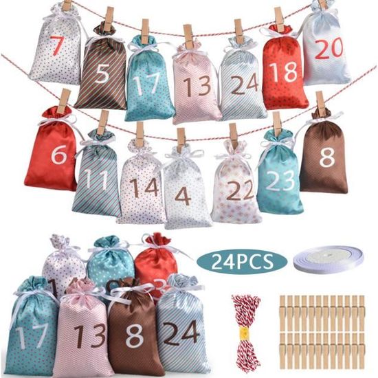 DazSpirit Calendrier De L'Avent DIY à Remplir – 24 Sachets Tissu + Pinces Bois + Corde Jute Noël 2024