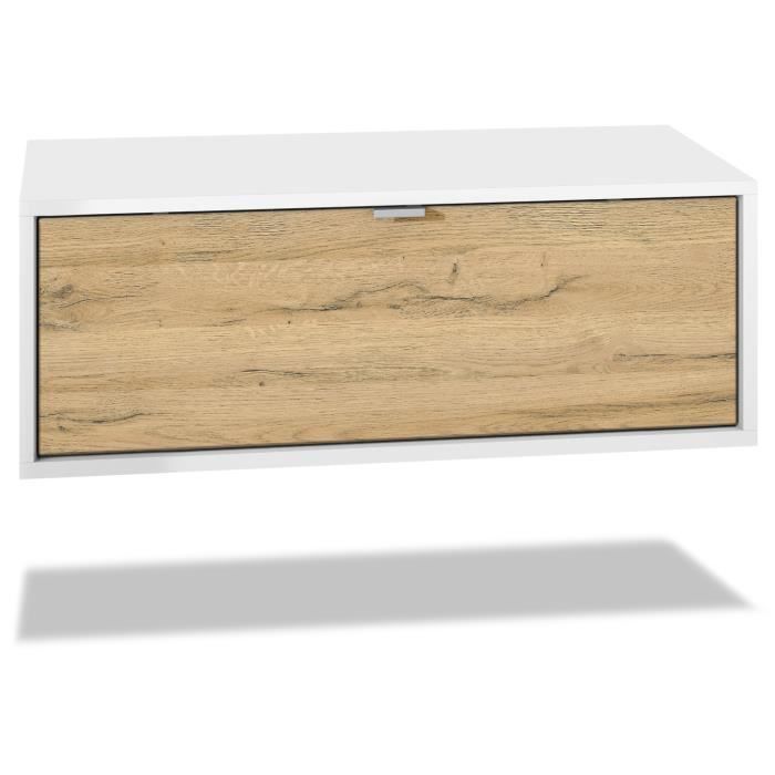 Meuble TV Lana 140 armoire murale lowboard 140 x 29 x 37 cm, caisson en blanc mat, façades en Chêne Nature