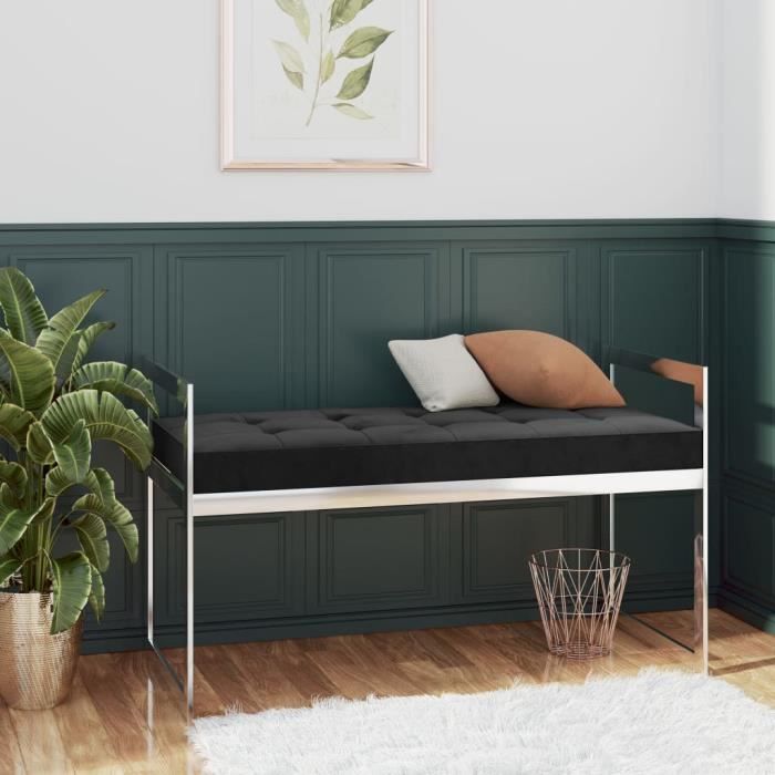Banc à chaussures avec coussin Velours et acier inoxydable - 97 x 44 x 46 cm - Style contemporain - Noir