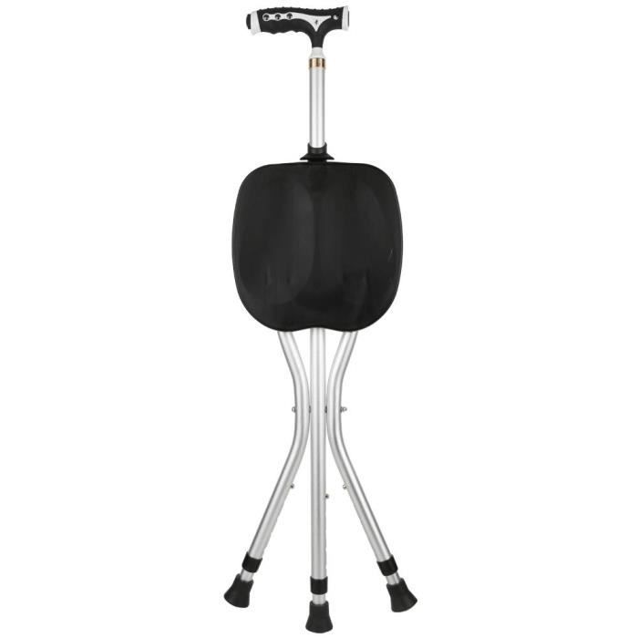 Chaise pliante marche sièges 3 jambes poignée rétractable canne tabouret bâton avec lumière LED pour personnes âgées (noir)