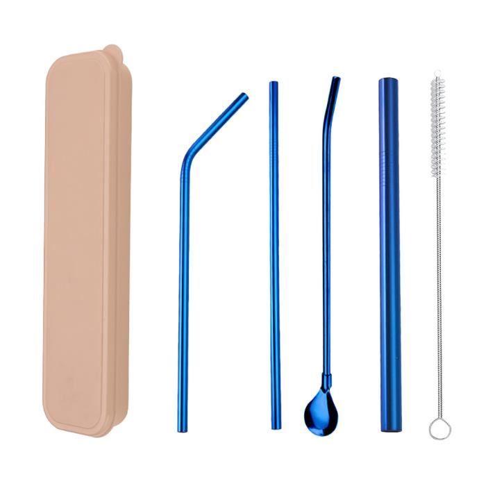 Ensemble de paille en acier inoxydable 304 coloré, boîte kaki, ensemble de 4 pièces en paille bleue