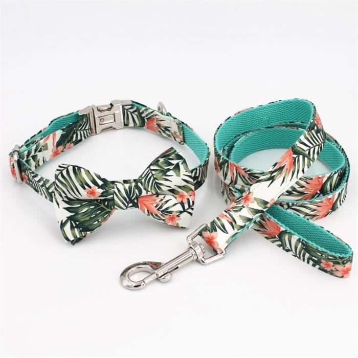 Laisses Colliers,Collier de chien avec nœud papillon jolie feuilles tropicales Boucle en - Type collar bow leash-M(30-45cm Length)
