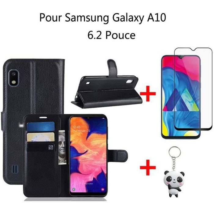 Haute Qualité Housse Galaxy A10 Luxe Étui à rabat Housse + HD Verre Trempé Samsung Galaxy A10 Protection Écran - Noir
