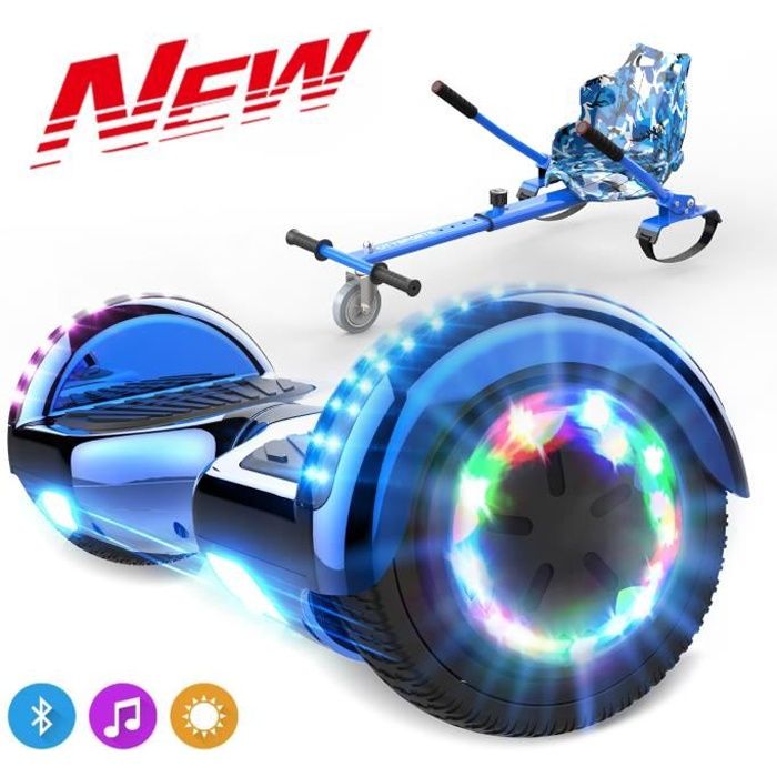 COOL&FUN Hoverboard 6.5” avec Bluetooth Bleu+ Hoverkart Ajustable Bleu Army, Gyropode Overboard Smart Scooter, Pneu à LED couleur