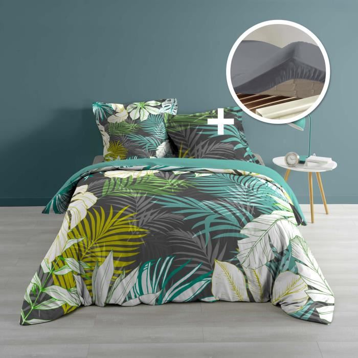 Ensemble parure de couette 260x240 cm Cap nature + drap housse 160x200 cm gris souris