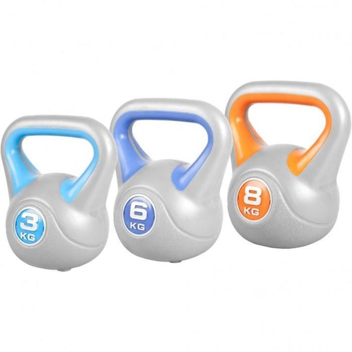 GORILLA SPORTS ® Lot de 3 kettlebells en plastique STYLISH (3, 6 et 8 KG) - haltères russes bicolores