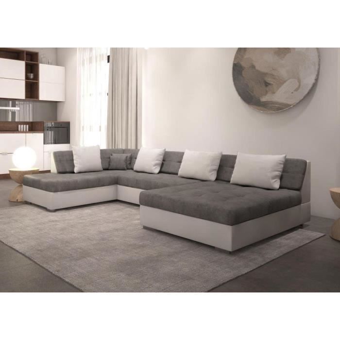 Canapé panoramique convertible en U OTIA angle gauche gris blanc