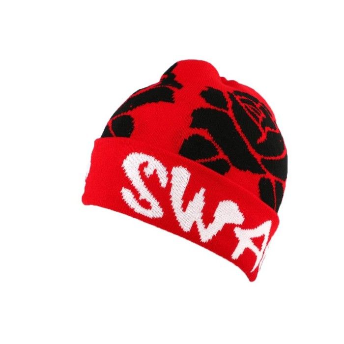 Bonnet à revers Swag Rouge avec des Roses Noires.