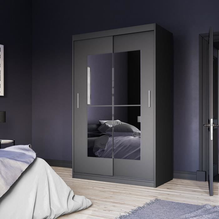 Armoire avec miroir - VANIVA - 120 cm - noir - portes coulissantes