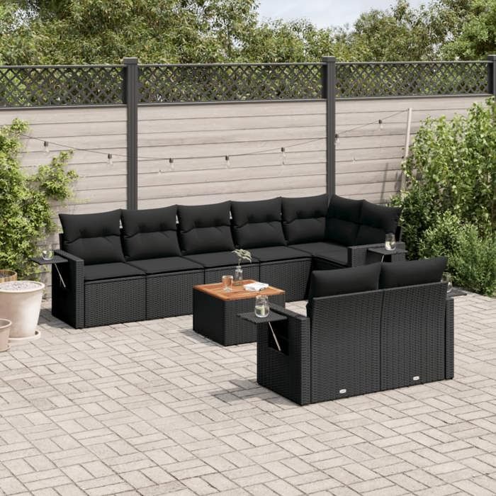 vidaXL Salon de Jardin avec Coussins 9 pcs Canapés de Terrasse Ensemble de Meubles de Patio Mobilier dExtérieur Noir 3224648