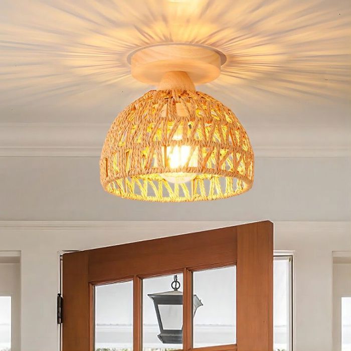 WOTTES Plafonnier Vintage Industrielle E27 Lampe de Plafond Bois Rétro Ø20cm Abat-jour Cage en Corde de Chanvre curry pour Salon