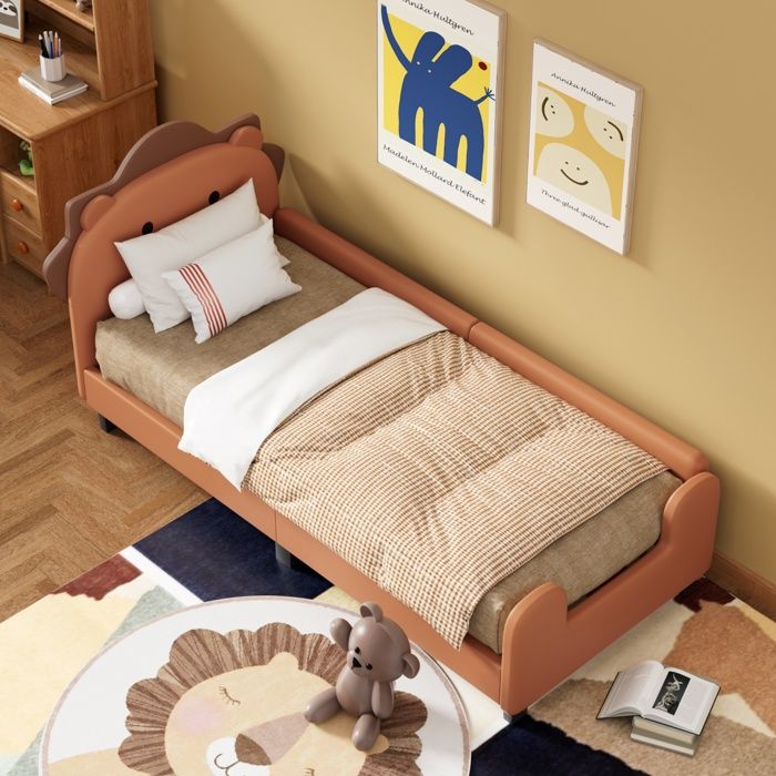 lit enfant 90*200, sommier à lattes, avec tête de lit, lit enfant, forme lion, montage facile, pu, orange
