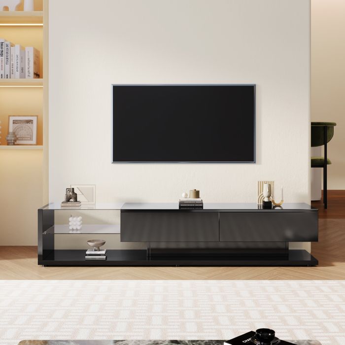 Meuble TV 180 Cm Blanc Brillant - 3 Tiroirs, éclairage LED, Détails Dorés - Pour Salon, Rangement Multimédia