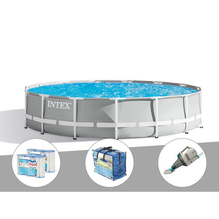 Kit piscine tubulaire Intex Prism Frame ronde 457 x 107 m + Bâche à bulles + 6 cartouches de filtration + Aspirateur