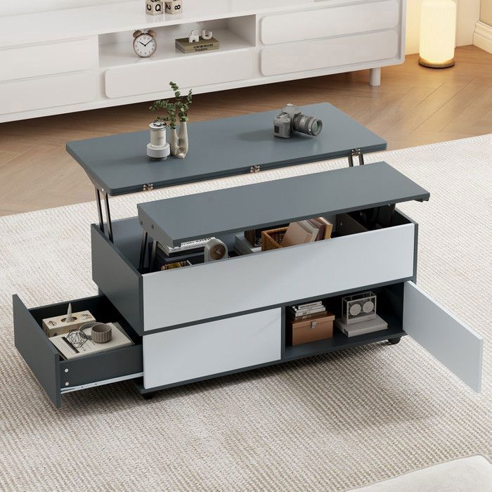 Table basse relevable bois 100x98x65cm Table basse salon Espace de rangement et étagères Table de salon roulettes et tiroirs
