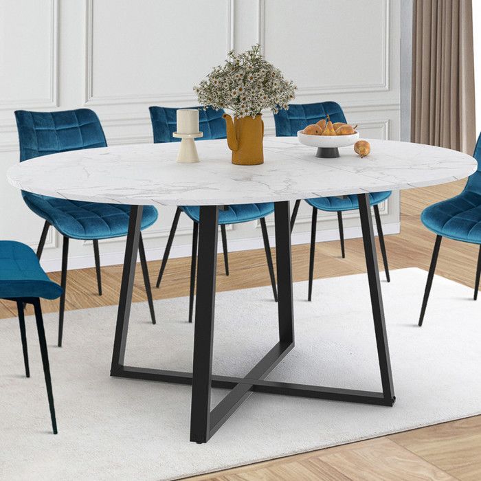 Table à Manger Ronde Extensible Yuna - Plateau Effet Marbre Blanc, Pied Central Métal Noir - De 110 à 150cm, 4 à 8 Personnes - 3