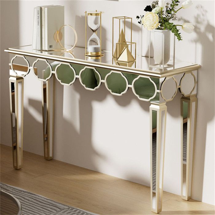 Table Console Dorée d’Entrée en Verre - 120x35x76cm Console Meuble Salon en Verre Argenté - pour Couloir Entrée Salon Hôtel