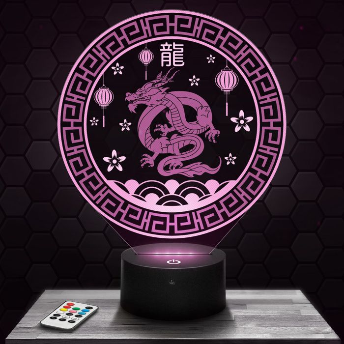 Lampe 3D - Dragon Signe Astro Chinois - Accessoire Objet Cadeau Astrologie - Veilleuse Led Tactile avec socle au choix