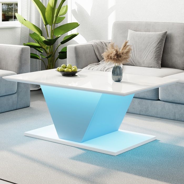 Table Basse Brillante- Forme en V -Table dappoint avec éclairage LED - Table de Salon Petits Espaces 100x50x46 cmBlanc
