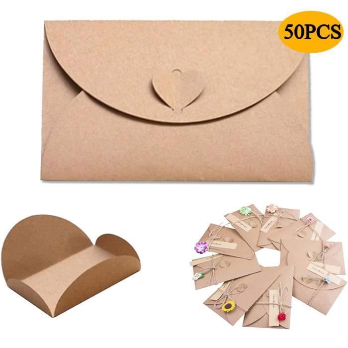 50 Enveloppes En Papier Kraft Avec Fermoir Coeur - Enveloppes Mignonnes Pour Cartes Cadeaux, Diplôme, Noël Et Anniversaire