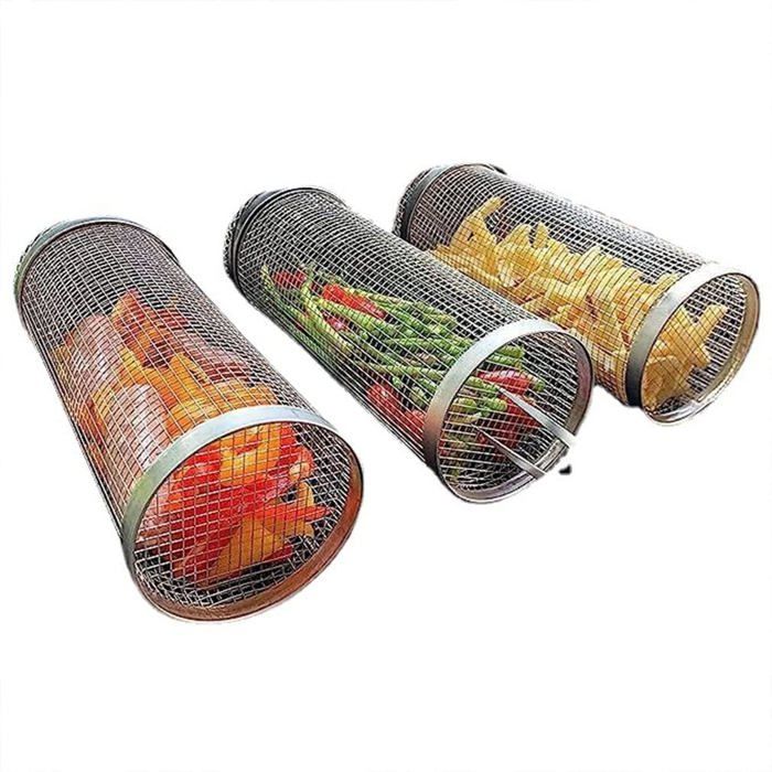 Panier à griller roulant en acier inoxydable pour barbecue ustensiles de cuisine de camping (20 cm x 2 + 30 cm x 1)