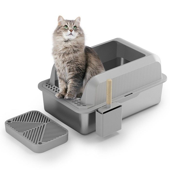 Meilleurs prix pour Bac à litière pour chat inox 61x 41x 31CM bac à litière pour chat inox entrée latérale avec grande pel-UISAVE