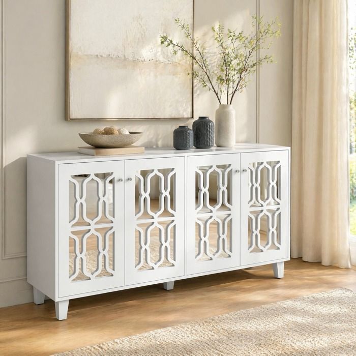 Maisentiel buffet bas blanc 4 portes effet miroir MDF étagère amovible 160 x 40 x 84 cm