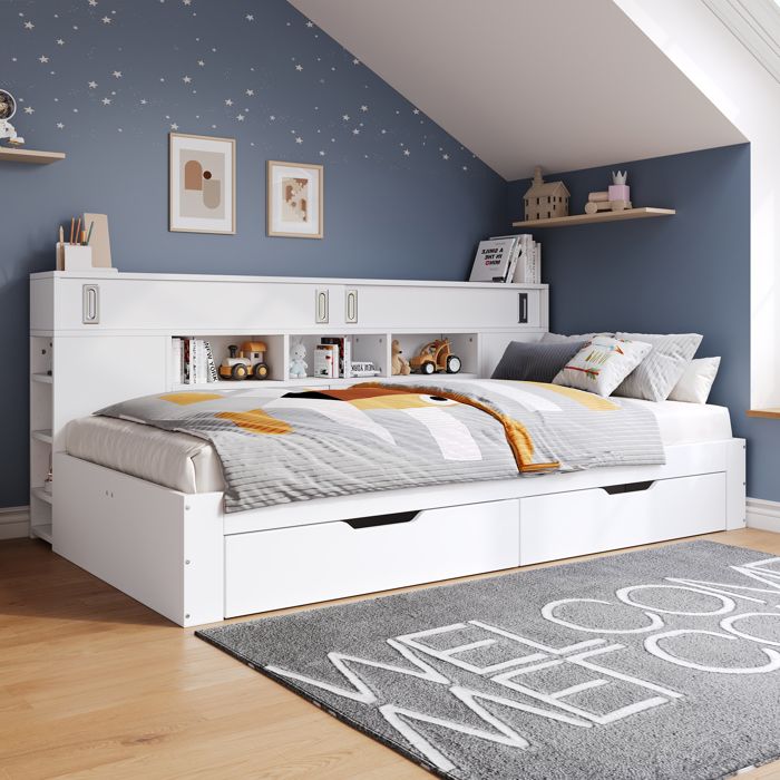 Lit Simple 90 x 190 cm - Lit Enfant avec Tiroirsétagère et Armoire de Rangement - Lit Coffre avec Sommier - sans Matelas - Blanc