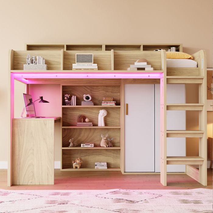Lit superposé multifonctionnel - 90x200 cm - Bois naturel - Bureau intégré - Armoire avec portes coulissantes